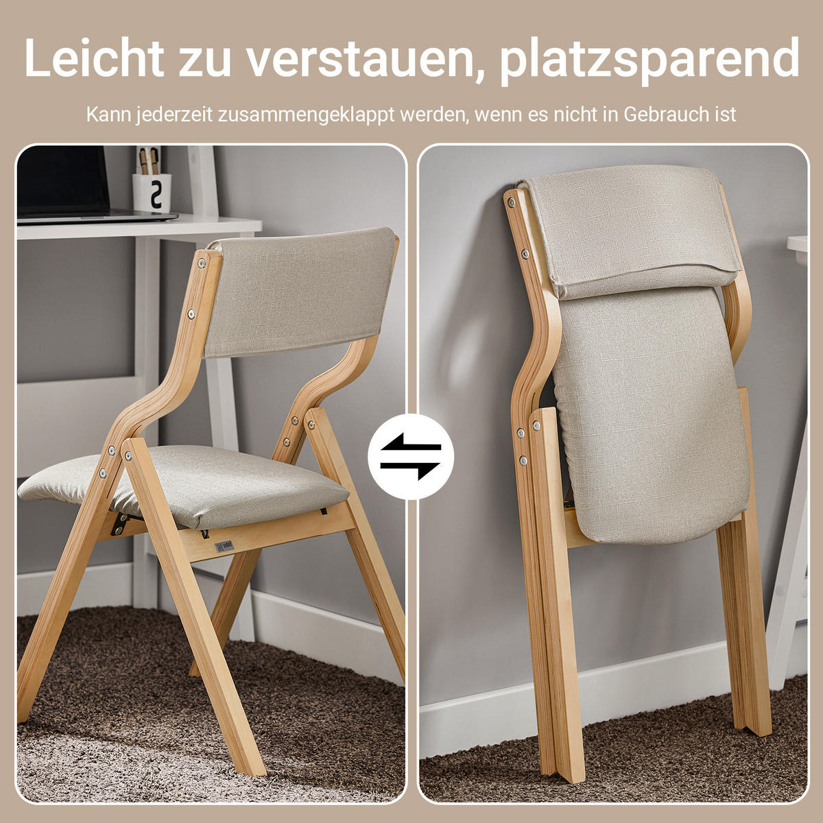 KLAPPSTUHL Birkenholz Gepolstert, 49x80x54cm, Grau - Grau, Holz/Holzwerkstoff (41/44/50cm) - SoBuy