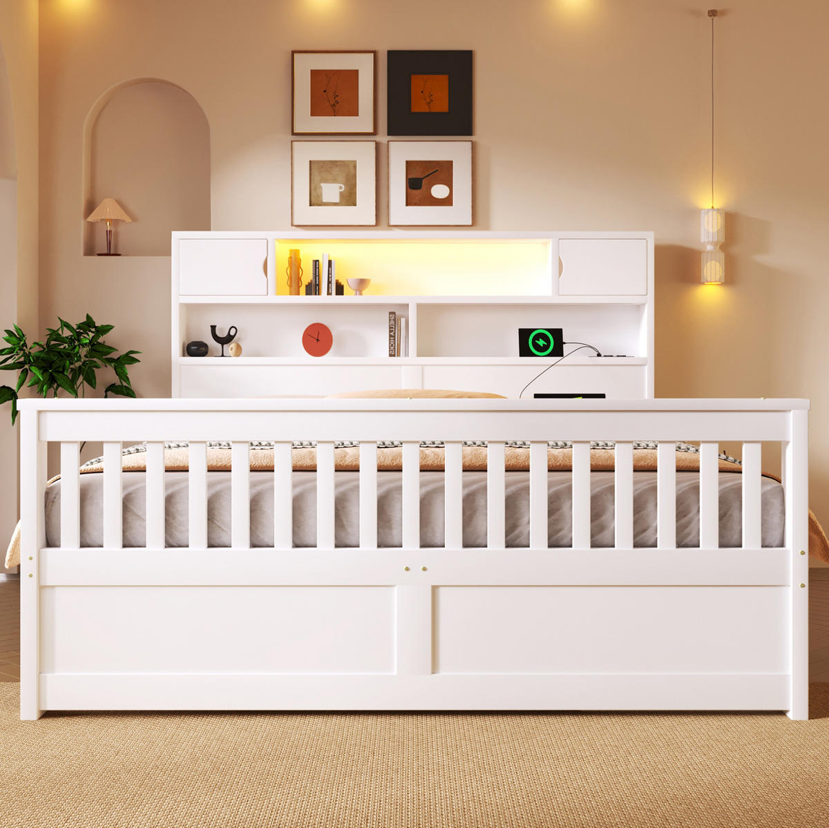 POSTEĽ s úložným priestorom 160/200 cm biela s LED čelom a 4 zásuvkami z MDF a preglejky - biela, kompozitné drevo (160/200cm) - OKWISH