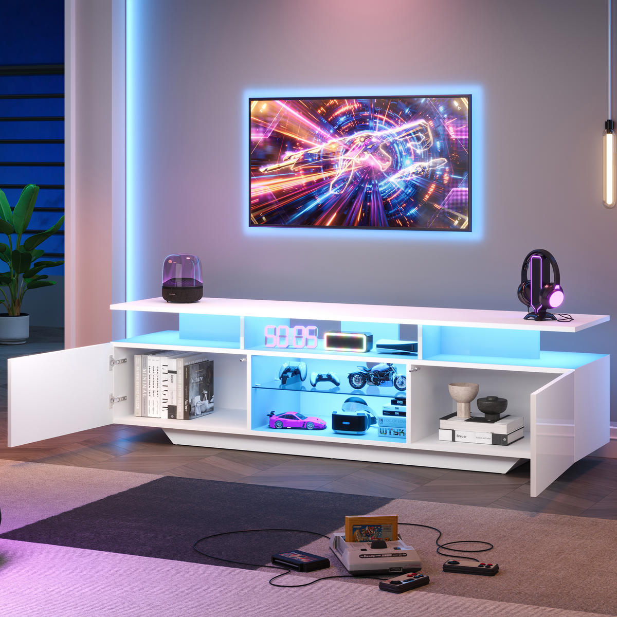 TV-LOWBOARD 160x40x45 cm LED Hochglanz 2 Schränke MDF - Weiß, Holzwerkstoff (40/45/160cm) - FLIEKS