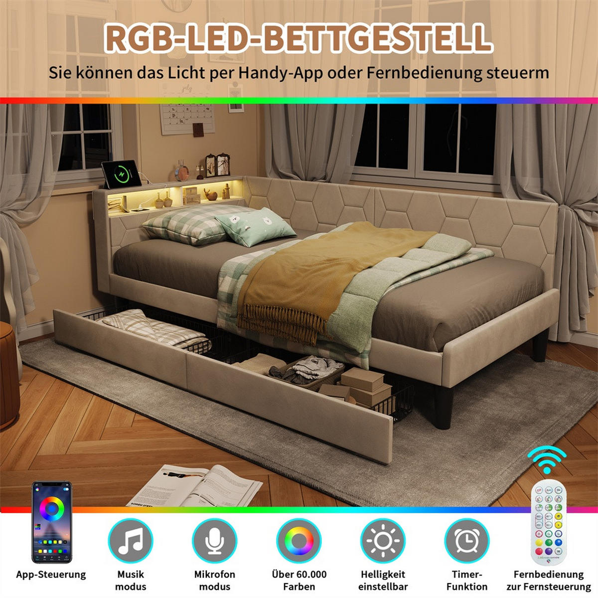 POLSTERBETT 90x200 cm mit Kopfteil-Stauraum - 2 Schubladen - USB Type-C & LED - ohne Matratze - Beige - Beige, Textil (90/200cm) - DELFA