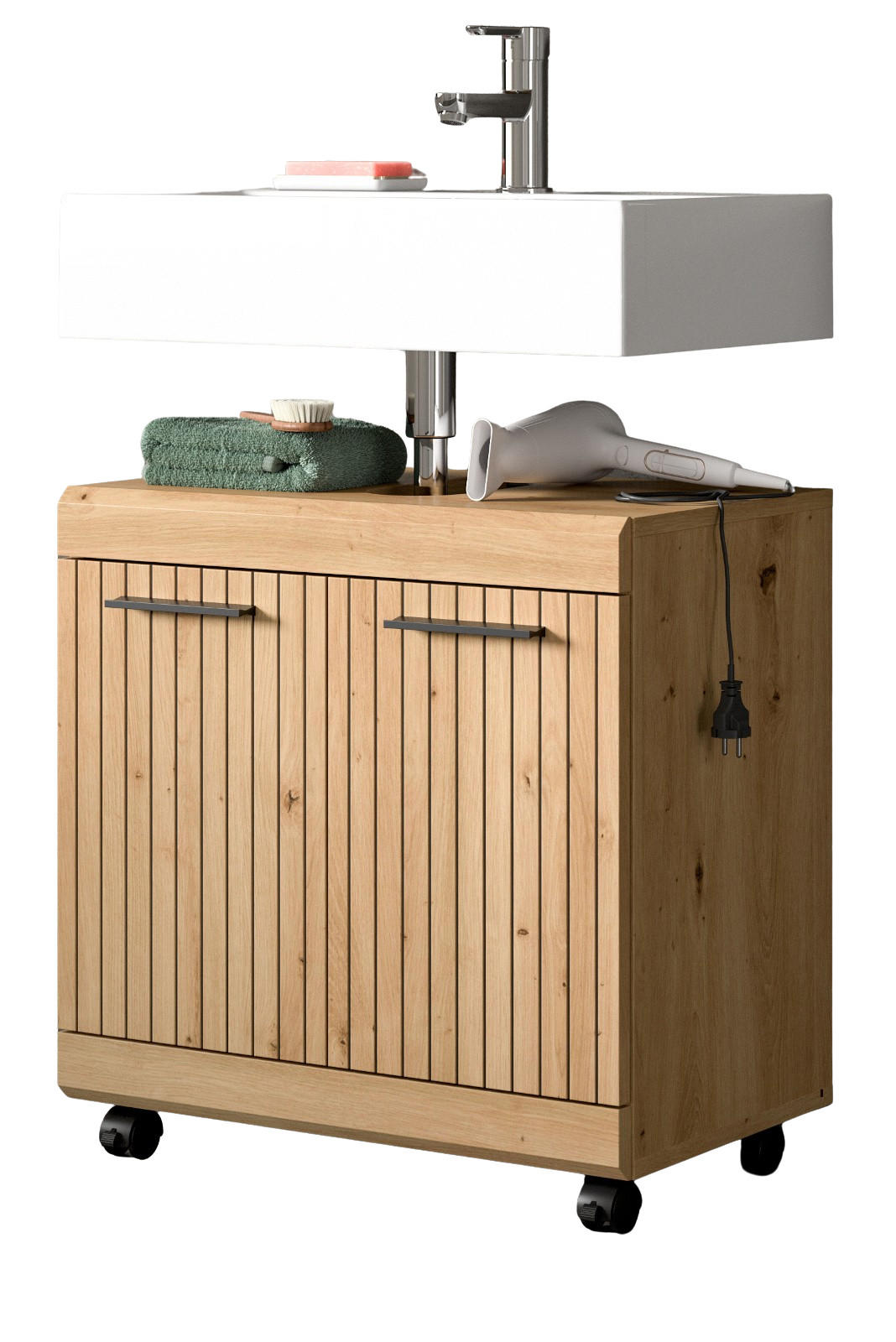 WASCHBECKENUNTERSCHRANK Eiche Artisan 60 cm, Badezimmer Unterschrank auf Rollen - Schwarz/Eiche Artisan, Holzwerkstoff/Kunststoff (60/60/34cm) - Inn.Furn