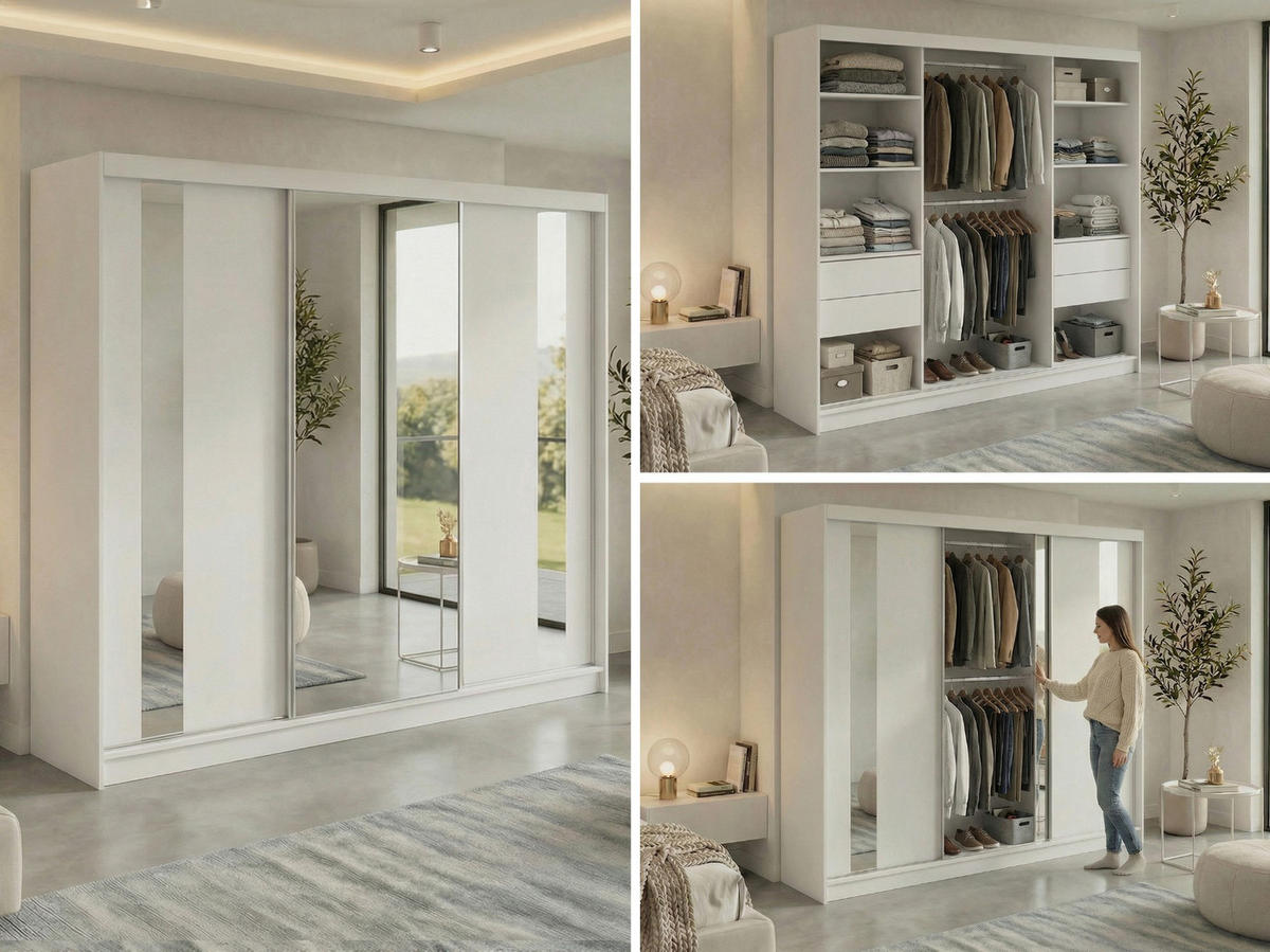 SCHWEBETÜRENSCHRANK mit Schubladen 240 - GRECJA - Weiß mit Spiegel - Alufarben/Weiß, Holzwerkstoff/Metall (240/216/61cm) - MKS