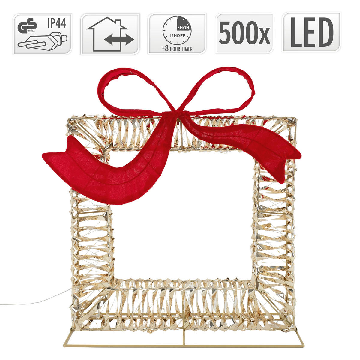 LED VÁNOČNÍ DÁRKOVÁ KRABICE s mašlí, vánoční dekorace s časovačem, venkovní vánoční osvětlení, 500 LED diod, teplá bílá, 58 x 63 cm - zlatá, plast (58/63/21.5cm) - ECD-Germany