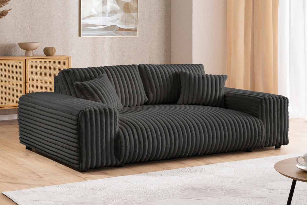 3-SITZER-SOFA Mollis Dunkelgrau Plüschcord - Dunkelgrau/Schwarz, Holz/Kunststoff (213/79/108cm) - S-Style Möbel