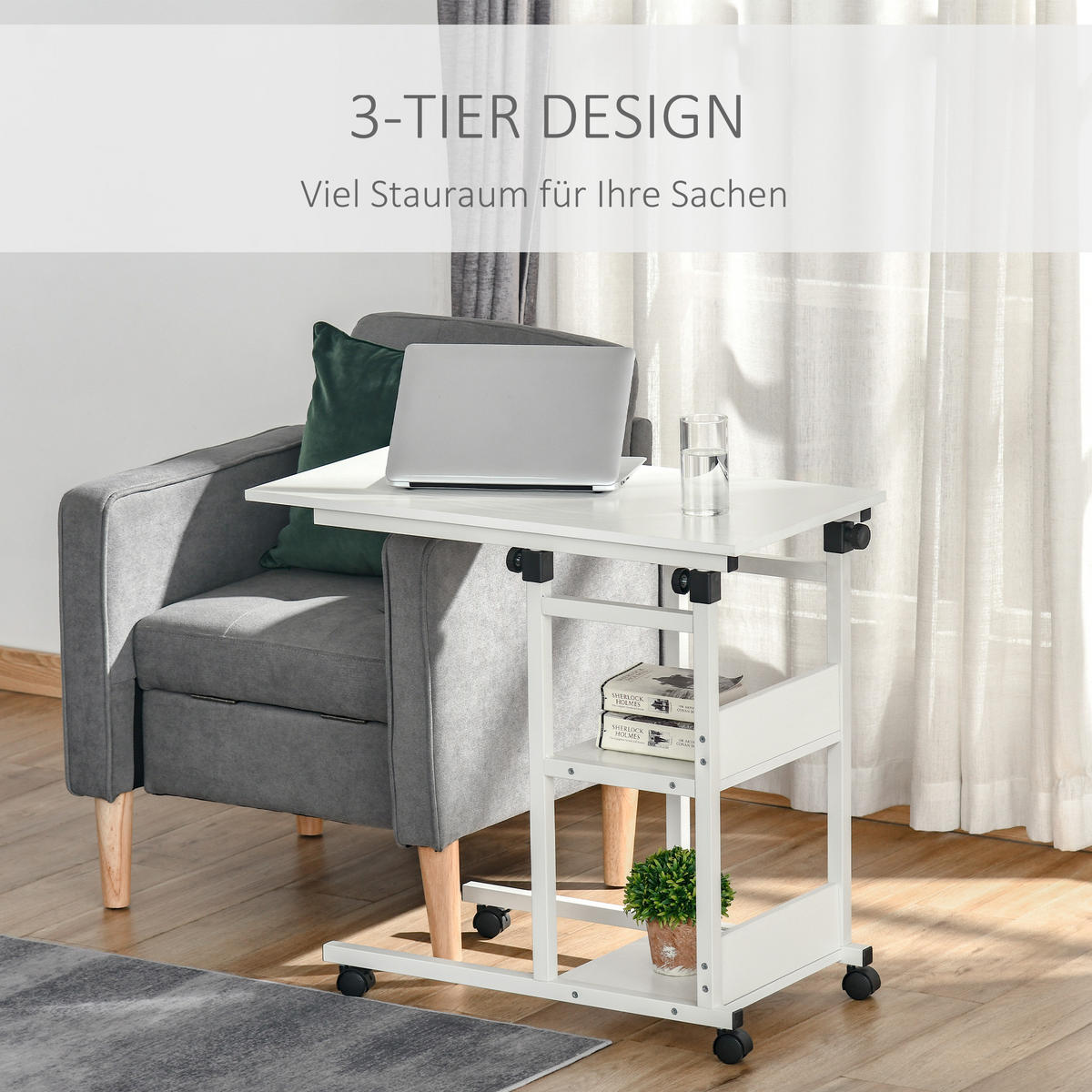 BEISTELLTISCH Couchtisch mit Rollen höhenverstellbar 2 untere Regale Esszimmer - Weiß, Kunststoff (80/40/82cm) - HOMCOM