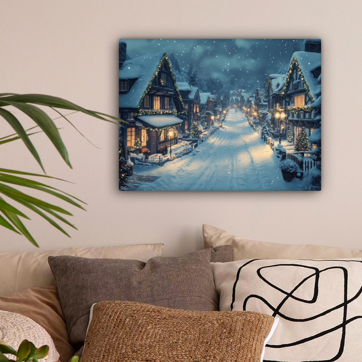 LEINWANDBILD Weihnachtsdorf - Weihnachten - Schnee - Winter Wandbild 40x30 cm - Dunkelblau, Textil (40/30cm) - MuchoWow