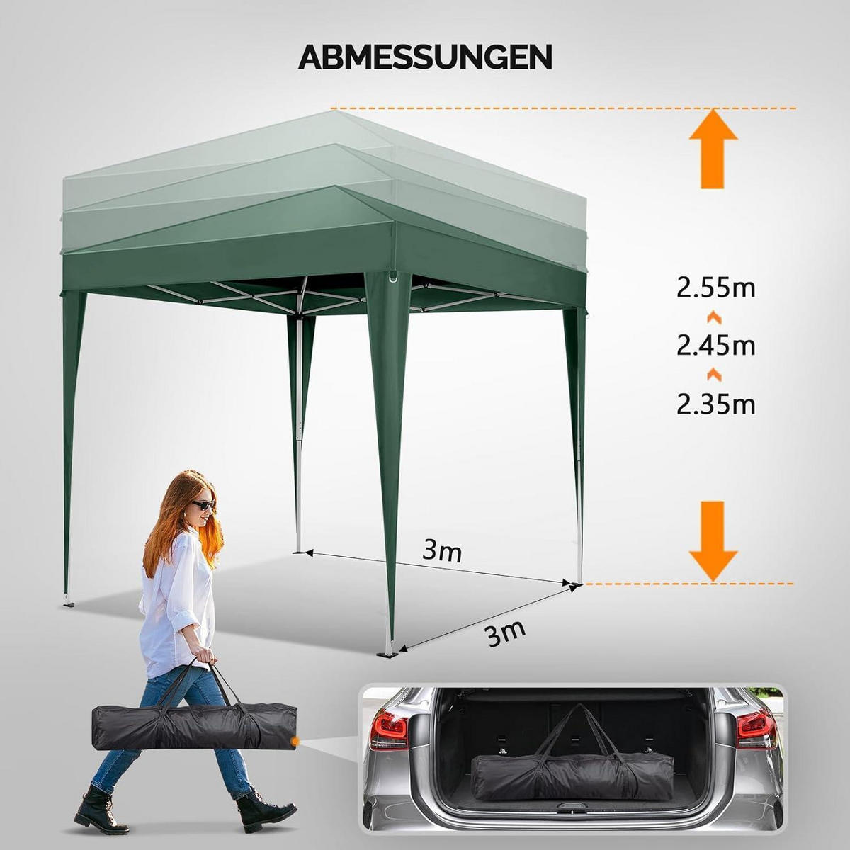 FALTPAVILLON 3 x 3 m Grün Wasserdicht mit 4 Seitenteilen - Grün, Textil (300/260/300cm)