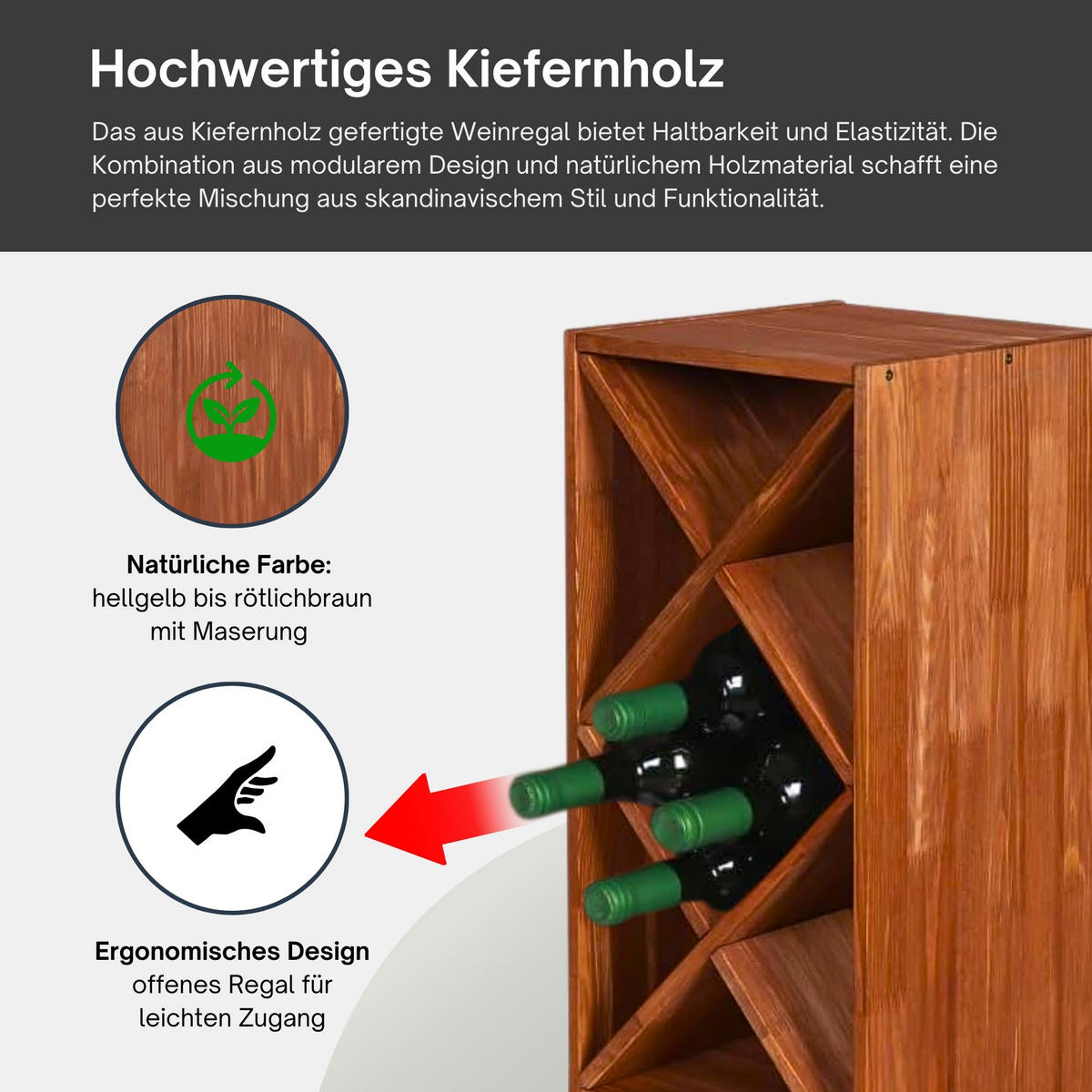 WEINREGAL Vincellar Mod 30x60x30 cm Rauten Modul Für 14 Flaschen Massives Kiefernholz Braun Geölt - Braun, Holz (30/30/60cm) - PROREGAL