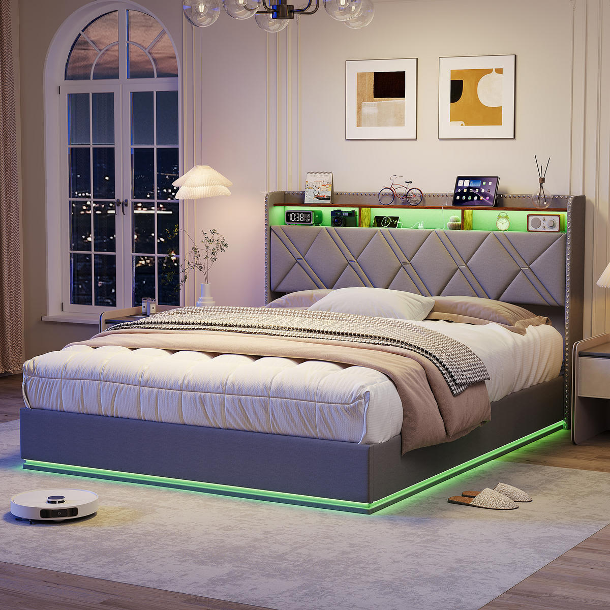 STAURAUMBETT 160x200 cm mit Gasdrucklift, Leinenbezug & RGB-LED-Kopfteil - Grau, Holz (160/200cm) - SHOPENTRA