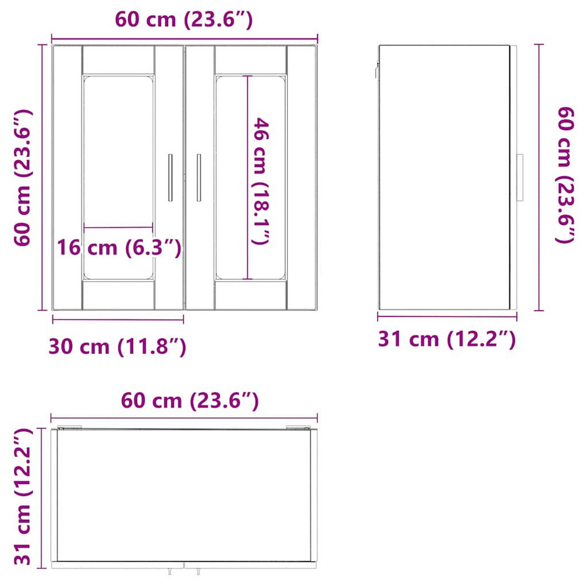 KÜCHENOBERSCHRANK Porto mit 2 Glas Türen 60/31/60 cm aus Holzwerkstoff Weiß - Weiß, Holz (60/60/31cm) - vidaXL