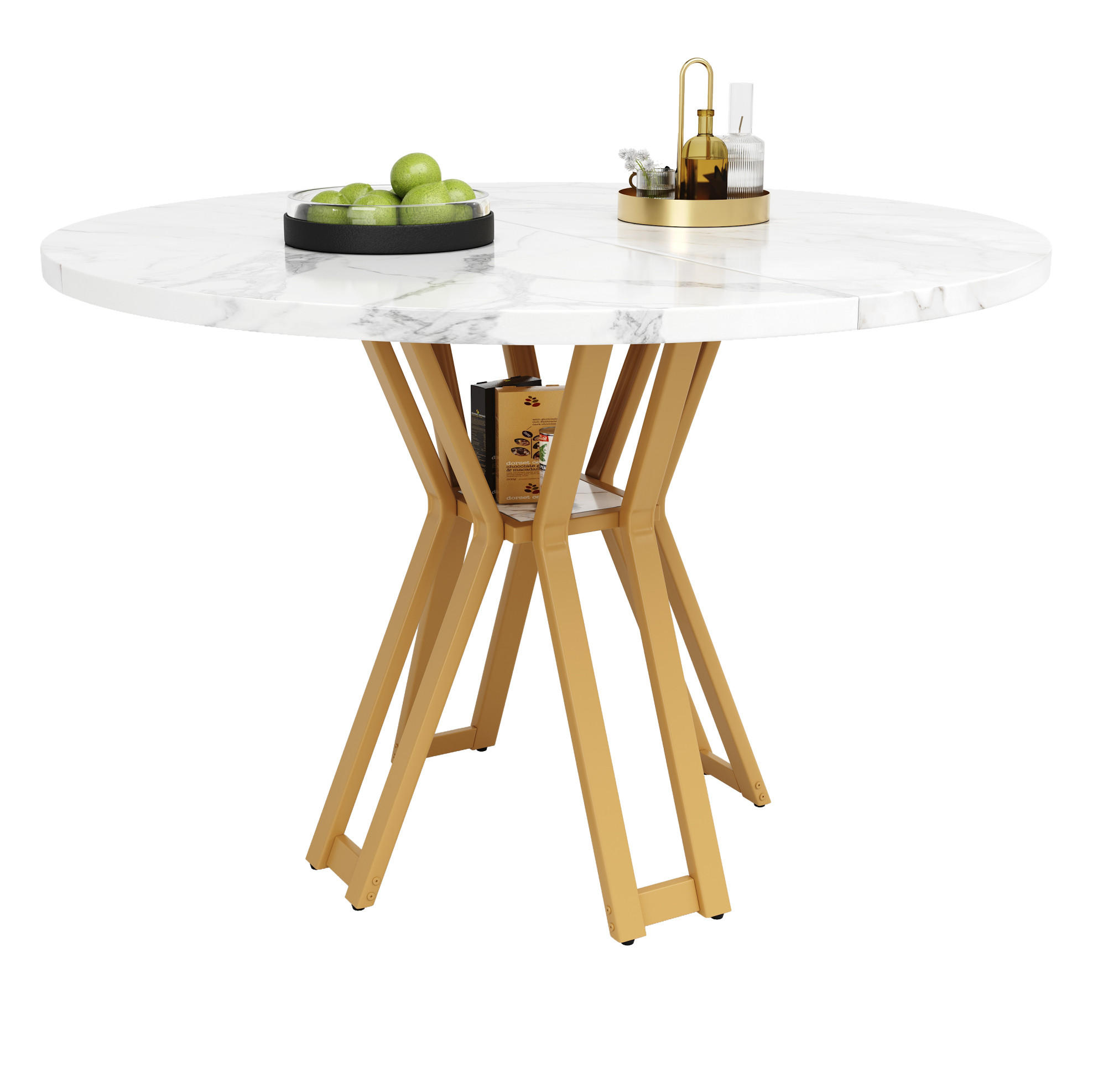 OKWISH JÍDELNÍ stůl 100/100/76 cm bílo-zlatý z MDF a kovu s mramorovým dekorem a nastavitelnými nožkami