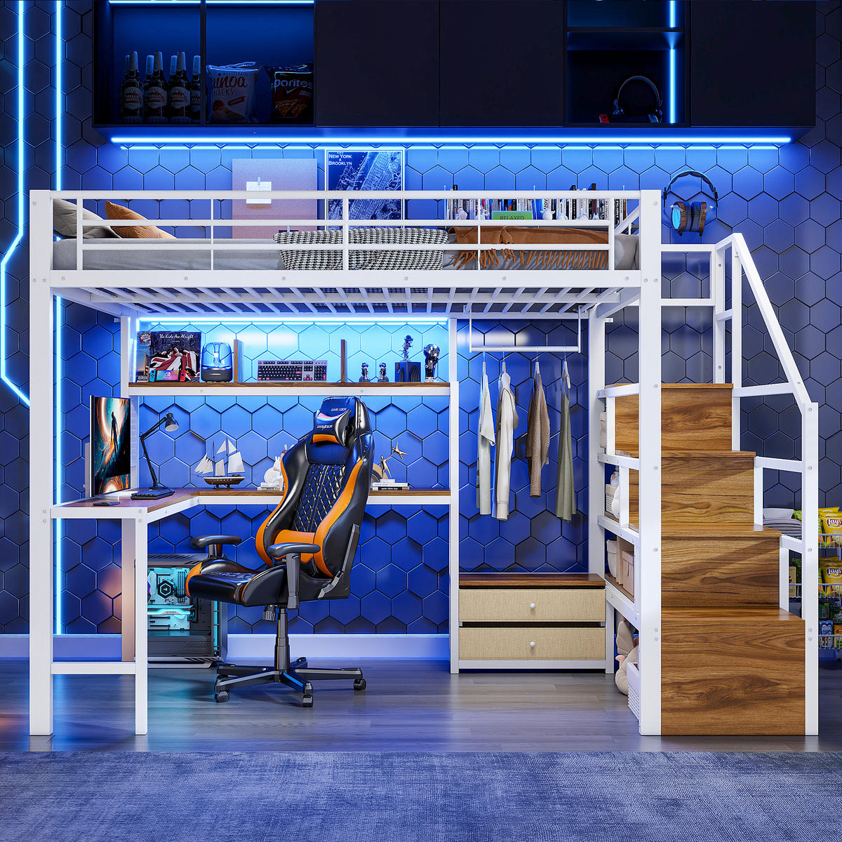 HOCHBETT 140/200 cm mit Eisenrahmen Weiß, Schreibtisch, Stauraumtreppe und LED-Licht - Weiß, Metall