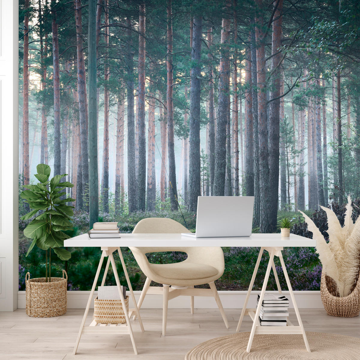 FOTOTAPETE für Wohnzimmer Nebelwald mit Bäumen Moos Grün 300x210 - Grau/Grün, Papier (300/210cm) - Muralo