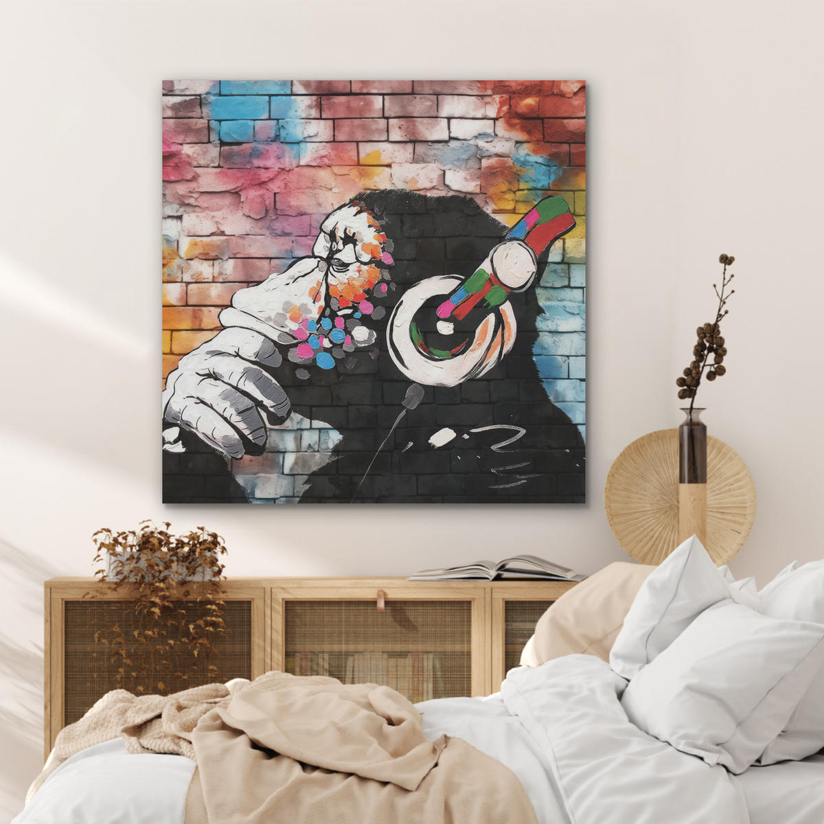 AKUSTIKPANEEL Affe - Graffiti - Musik 90x90 cm - Multicolor, Textil (90/0.9/90cm) - MuchoWow