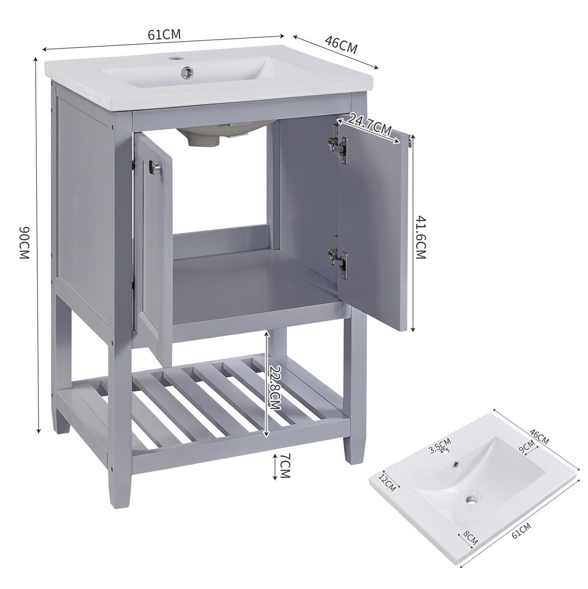 WASCHTISCH mit Unterschrank und Keramikbecken 60 cm Grey+White 2-tlg. - Grau, Holzwerkstoff (46/90/61cm) - Beauniv