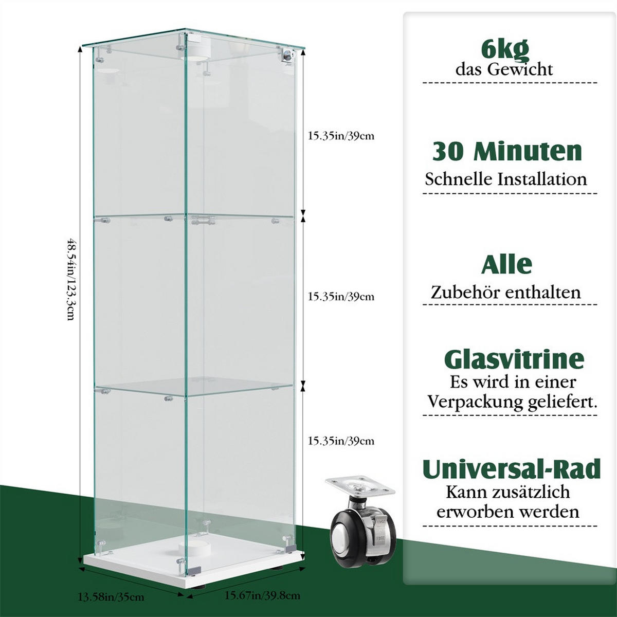 VITRINE - Glasvitrine mit 1 Tür - 3 Ebenen und LED-Beleuchtung - Weißer Boden - Weiß, Glas (39.8/123.3/35cm) - DELFA