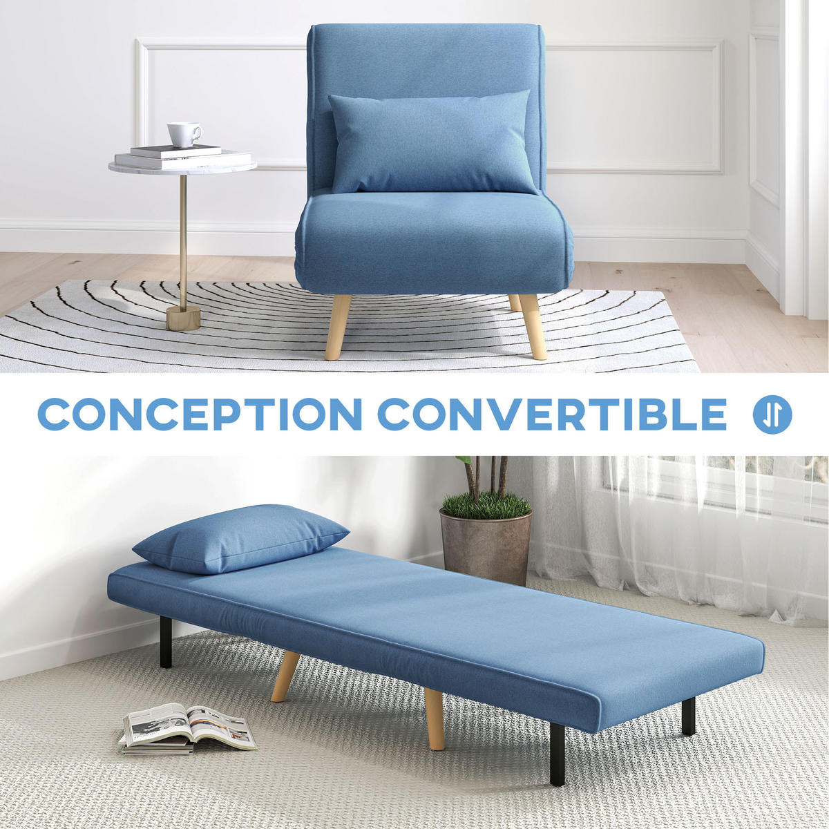 SCHLAFSESSEL 3-in-1 DE-14575 mit 5-fach verstellbarer Rückenlehne Blau - Blau, Textil (72/85/75cm) - ComfortXL