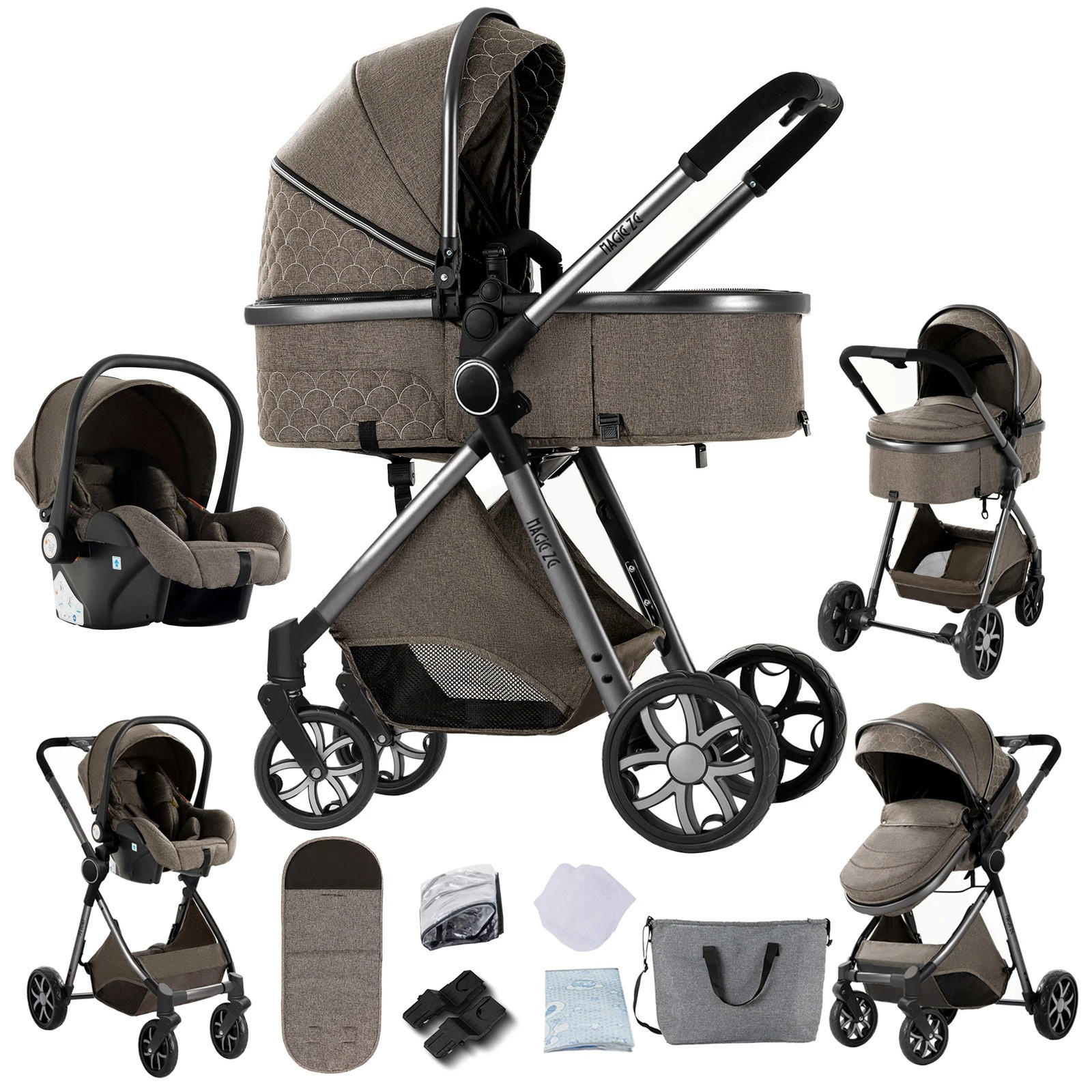 KINDERWAGENSET 3-in-1 mit Autositz, höhenverstellbarer Rückenlehne, wendbarem Sitz, Federung, Verdeck mit UV-Schutz für Babys, braun - Braun, Metall (80/60cm) - Kaket