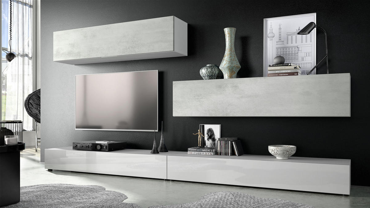 WOHNWAND Nublo Klappen in Beton Oxid Optik - Hellgrau, Holzwerkstoff (279/147/39cm) - Vladon