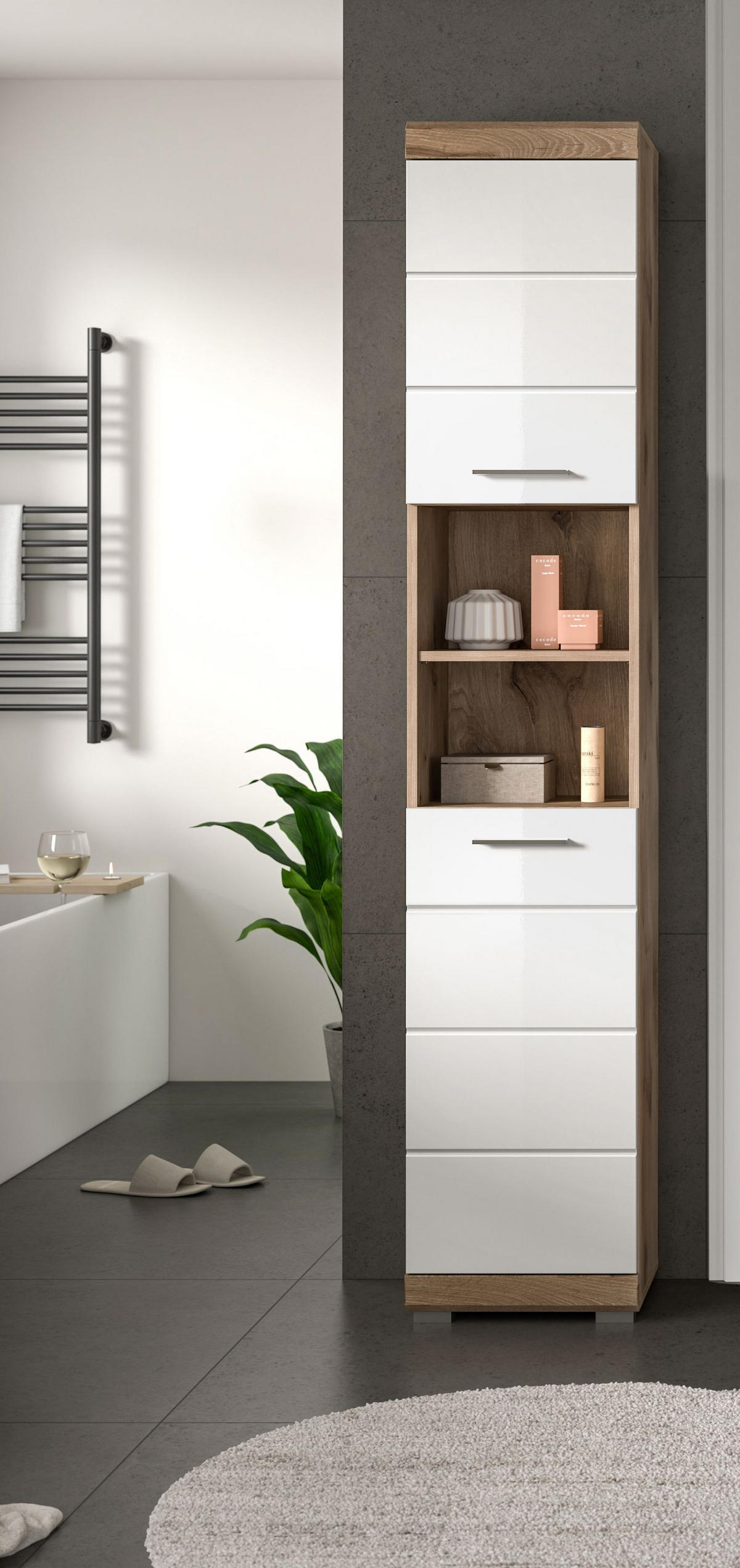 HOCHSCHRANK Wave Bad in Nox Oak Nachbildung und weiß hochglanz B/H/T: 37x191x31 cm - Eichefarben, Holz (74/141/31cm)