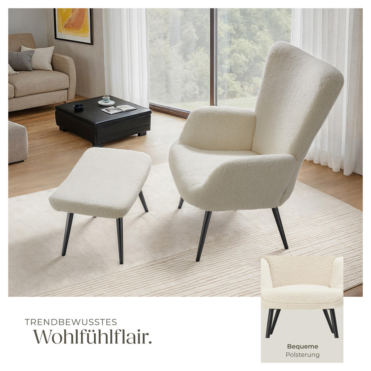 SESSEL Hygge,72 x 76 x 100,5 cm,Bouclé creme/schwarz - Creme/Schwarz, Kunststoff (72/100.5/76cm) - tectake