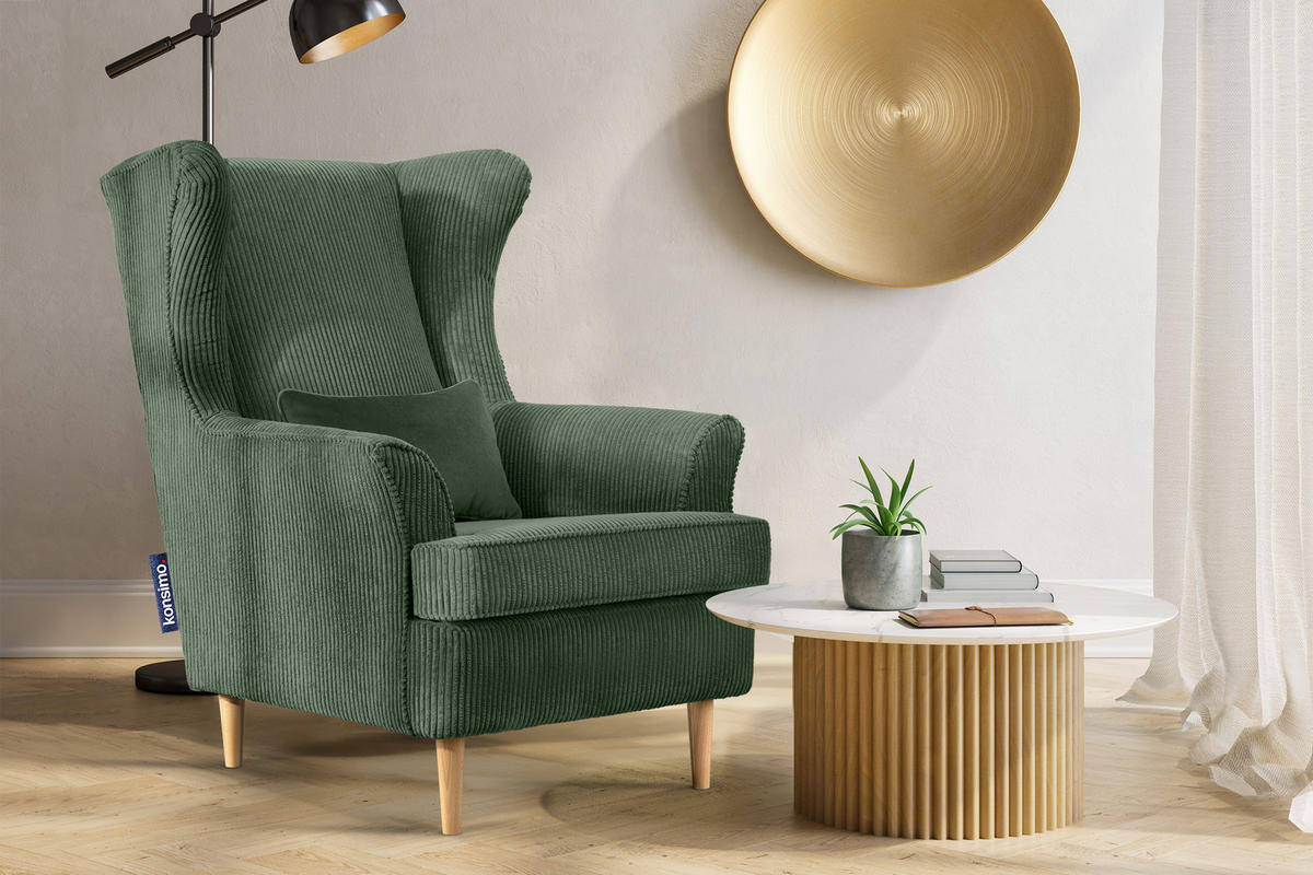 OHRENSESSEL STRALIS inklusive dekorativem Kissen, dunkelgrün - Dunkelgrün, Textil (82/108/80cm) - KONSIMO®