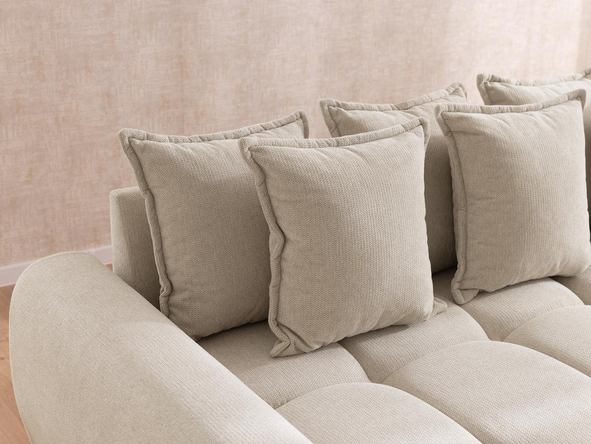 ECKSOFA Bubble mit losen Rückenkissen und Sitzfläche in Bubble-Optik aus weichem Hellbeige Strukturstoff mit schöner Sitzkomfort - Ottomane links - Beige/Schwarz, Holz/Kunststoff (180/306cm) - S-Style Möbel