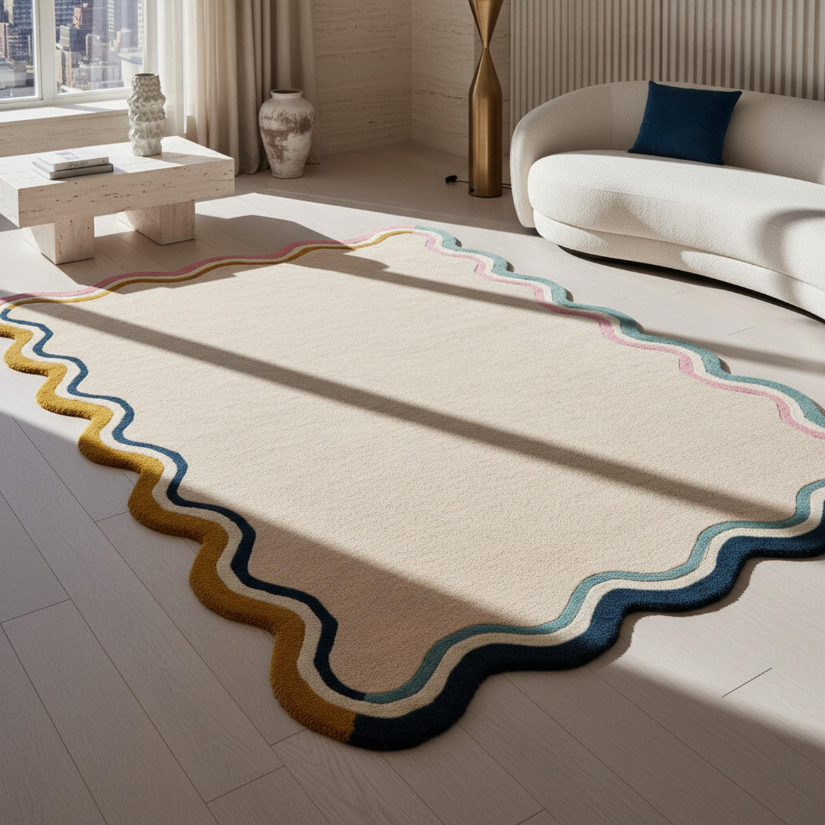 WOLLTEPPICH Wellenbordüre-Design, pastell handgetuftet WINCH, Multi 160x230 cm - Beige, Textil (160/230cm) - KADIMA DESIGN