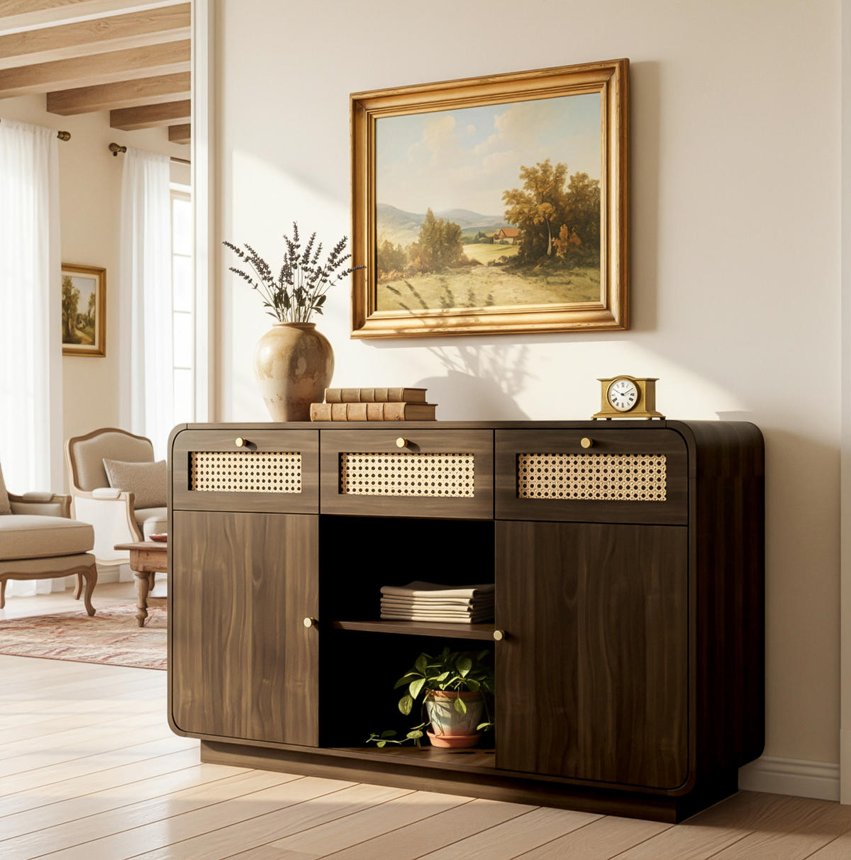 KOMODA z MDF a dřevotřísky 120x40x85 cm ořechová se 3 zásuvkami, 2 skříňkami a otevřenou policí s ratanem - barva vlašského ořechu, kompozitní dřevo (120/85/40cm) - Modfu