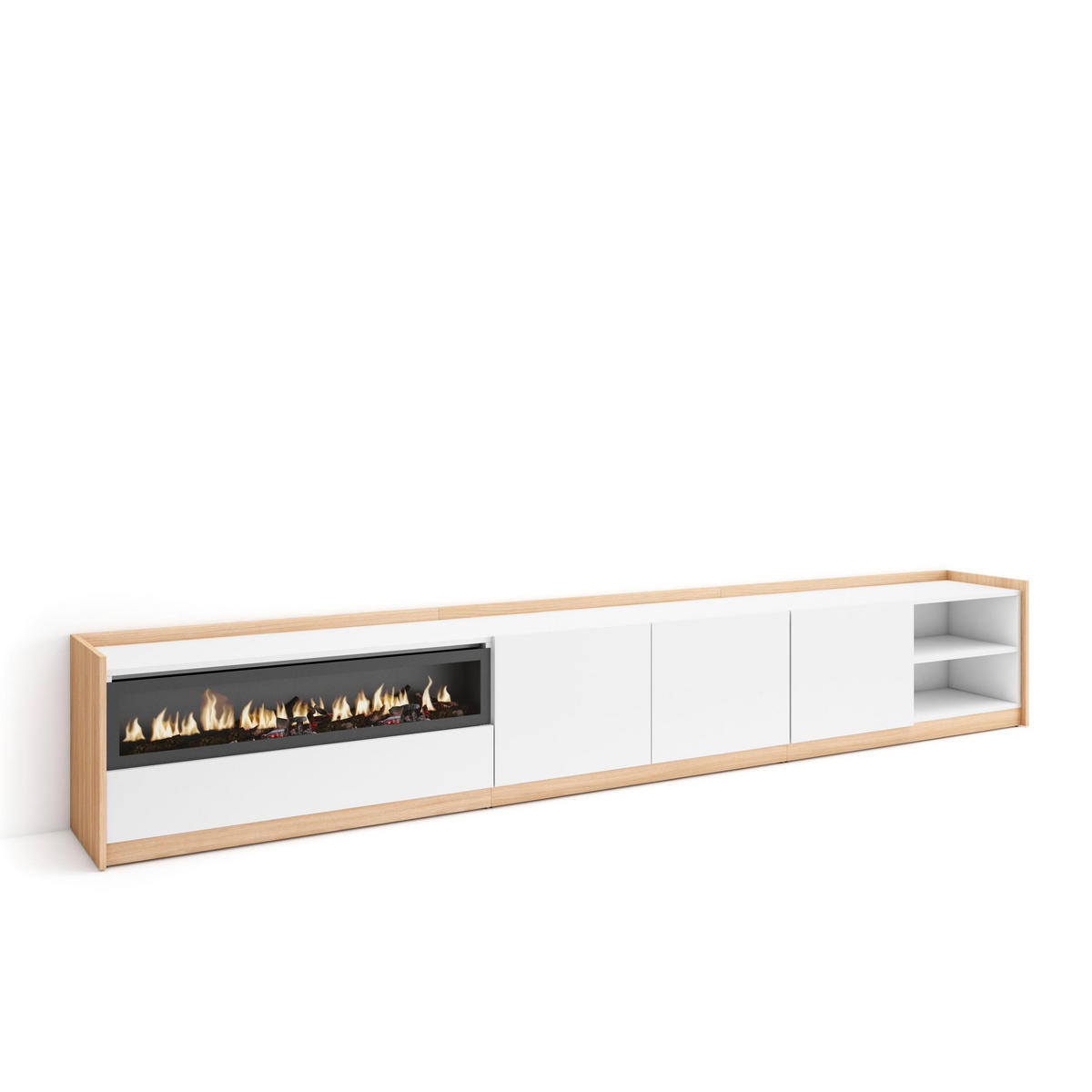 TV-SCHRANK, Lowboard, Weiß und Eiche Soft, Elektrokamin, 310/37/50cm - Weiß, Holzwerkstoff (310/50/37cm) - Skraut Home