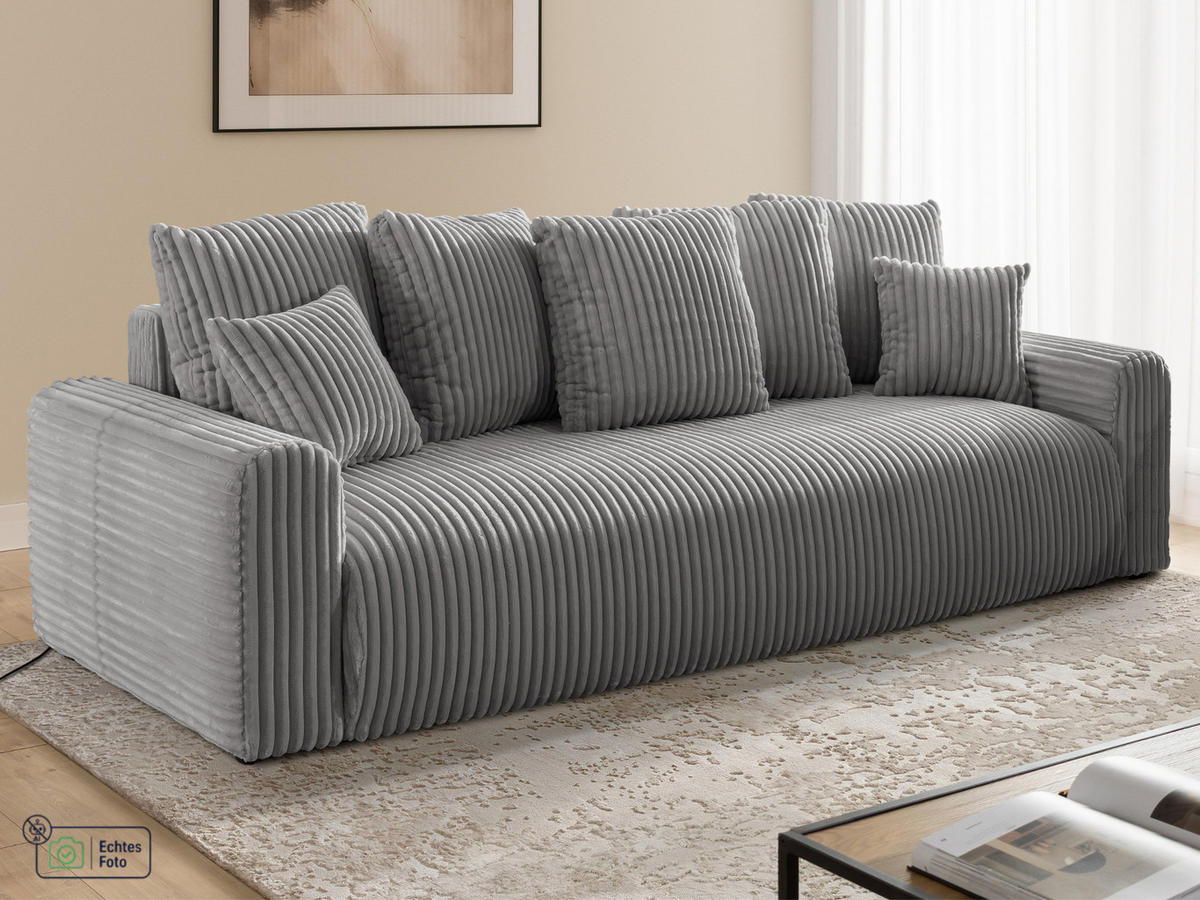 SCHLAFSOFA Calma mit Bettkasten im Bumpy-Design aus weichem Grau Plüschcord - Schwarz/Grau, Holz/Kunststoff (239/88/98cm) - S-Style