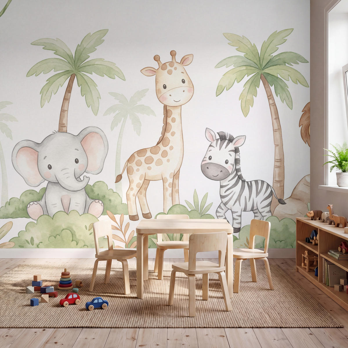 KINDERTAPETE - Tiere - Dschungel - Pastell - 350x280 cm - Weiß, Papier (350/280cm) - OnlyWow