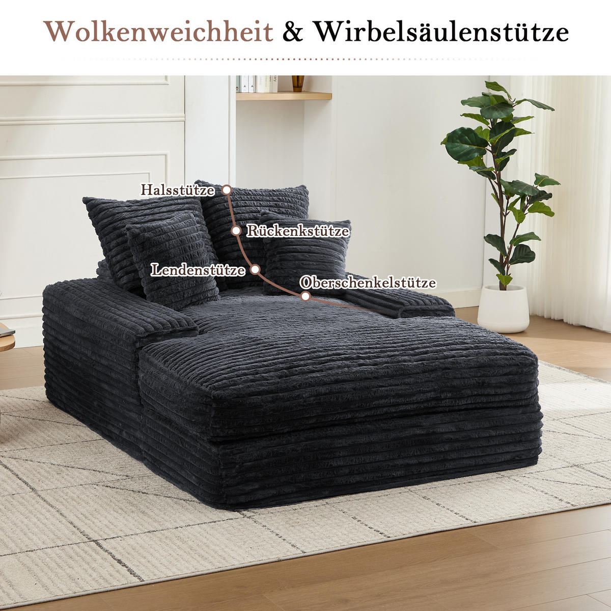 CHAISELONGUE Cordstoff mit Memory-Schaum und 4 Kissen 137/175/63 cm Grau - Grau, Textil (137/63/175cm) - Redom