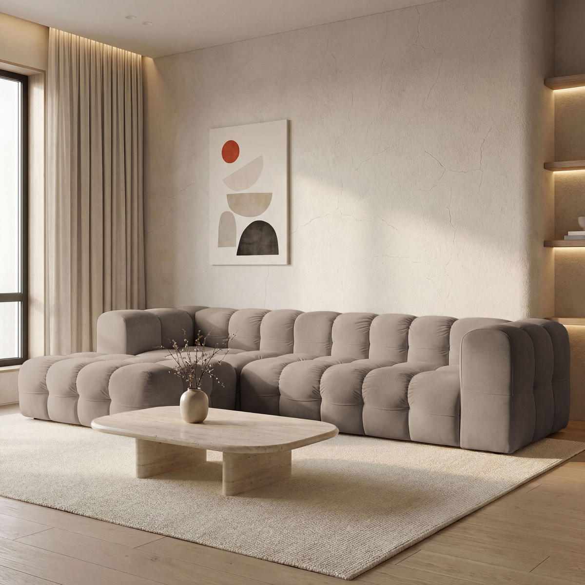ECKSOFA Mochi L-Form 5-Sitzer Links, Samt, Taupe 290/75/193 cm - Taupe/Schwarz, Kunststoff/Textil (290/193cm) - WFL GROUP