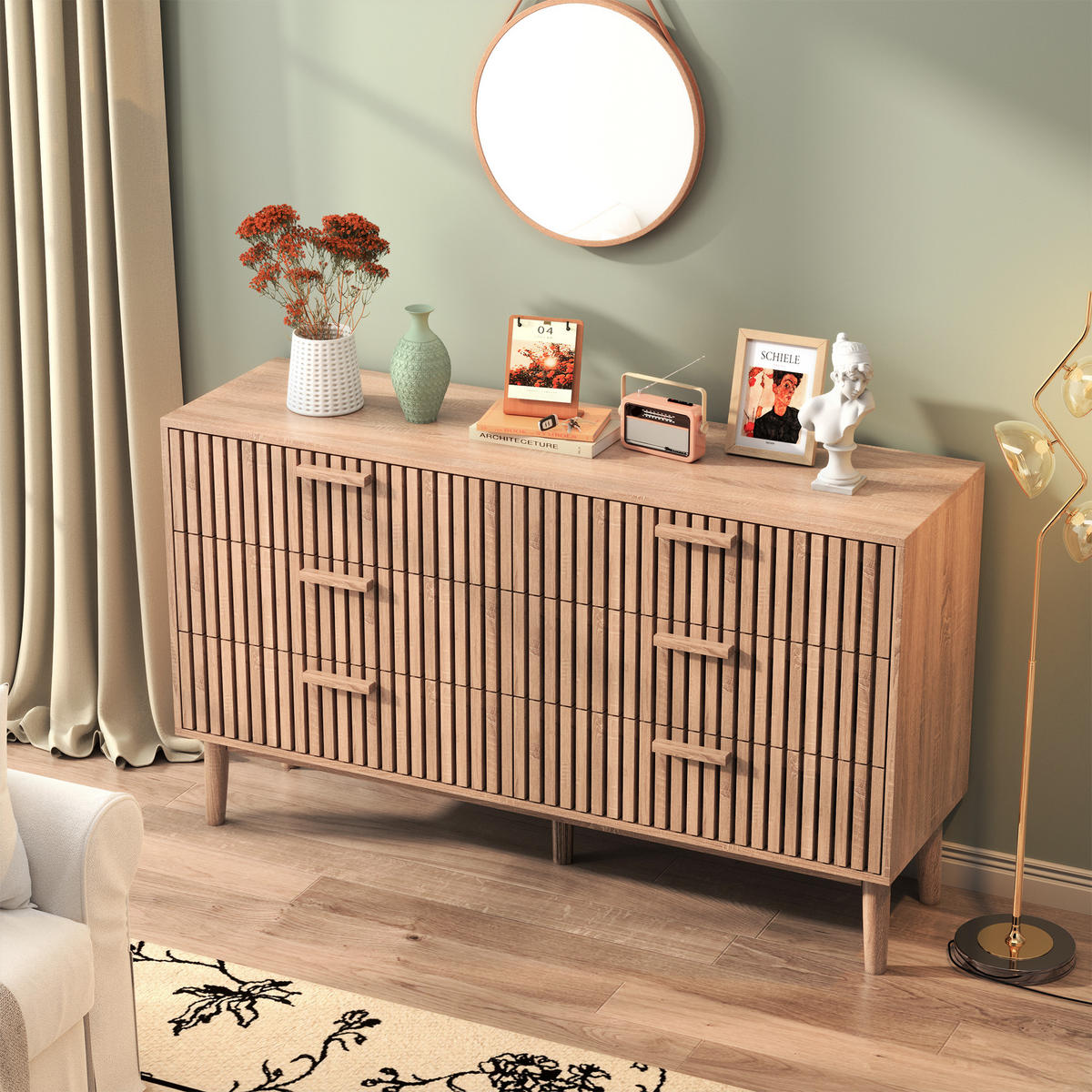KOMODA s dreveným vzhľadom so 6 zásuvkami a prednou časťou v štýle Art Deco - prírodná farba, kompozitné drevo (34/73/100cm) - SHOPENTRA