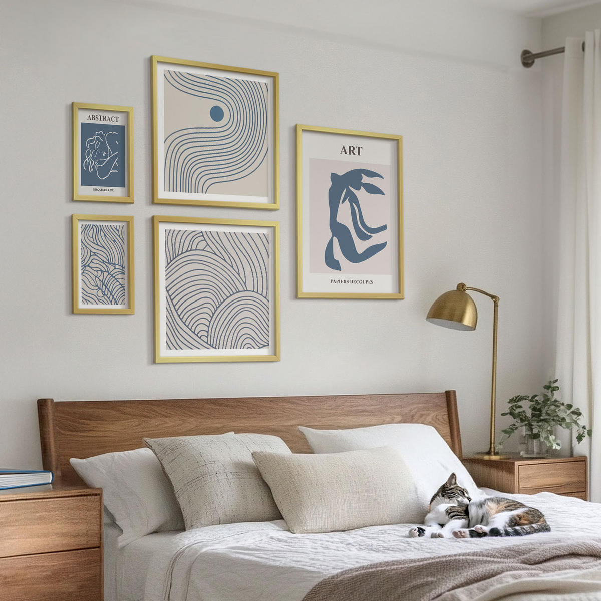 WANDBILDER 5er Set - 50x50 cm & 20x30 cm & 40x60 cm Goldrahmen - Abstrakte blaue Linien - Goldfarben, Kunststoff (40/60cm) - ArtPrintCave