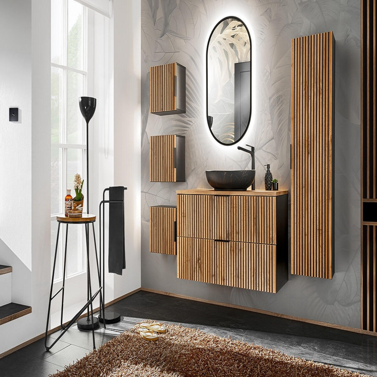 BADMÖBEL-SET 8 Teile - Xilo X BM04 in Wotan Oak/Gray Rock - Eiche Wotan/Schwarz, Holz/Metall (100/140/46.5cm)