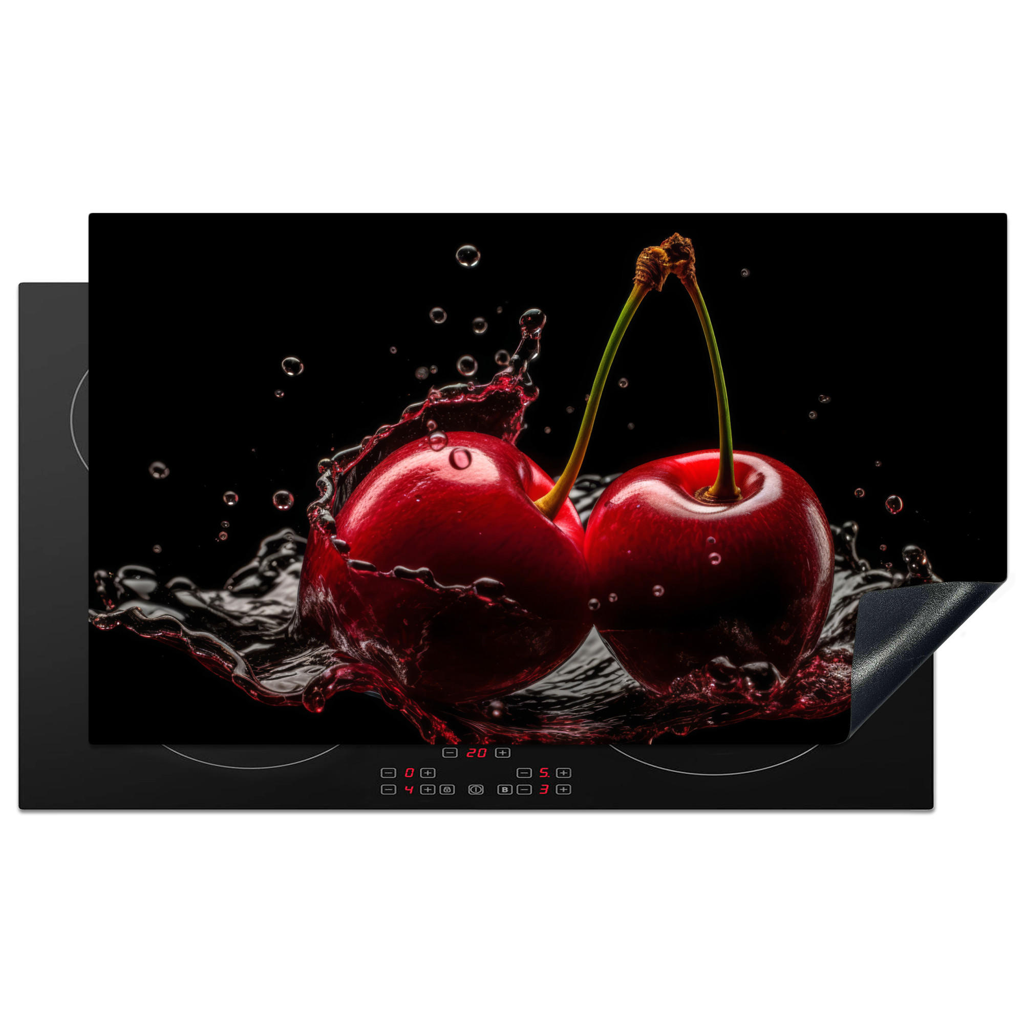 HERDABDECKPLATTE Kirsche - Rot - Frucht - Wasser - Schwarz 91x52 cm - Kirschrot, Kunststoff (91.6/0.2/52.7cm) - MuchoWow