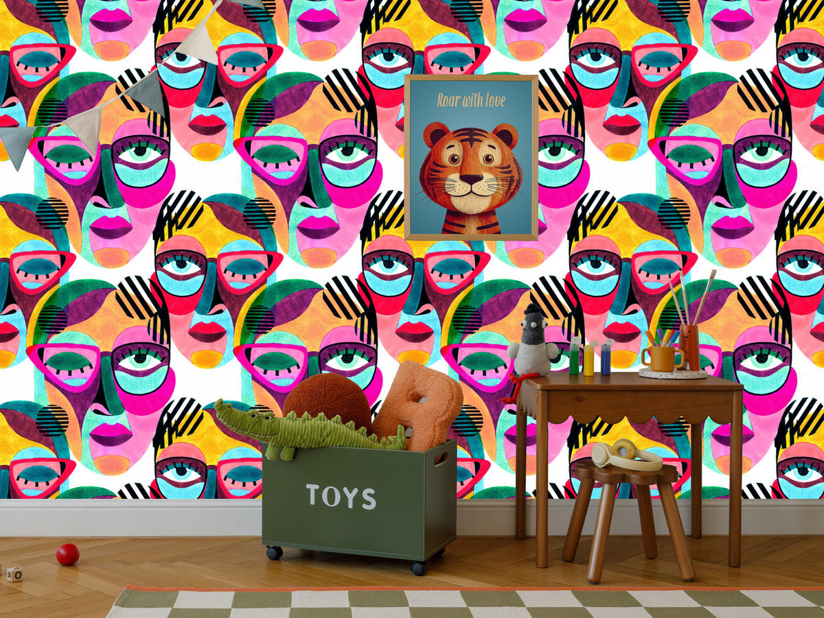VLIESTAPETE Pop-Art-Gesichter – Bunt – 50x1000 cm - Multicolor, Papier (50/1000cm) - Muralo