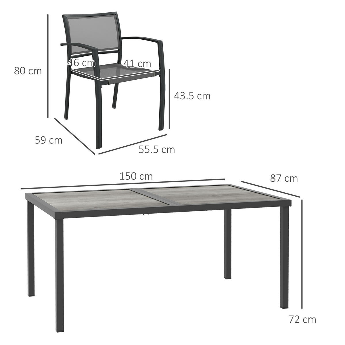 GARTENMÖBEL-SET,6 Netzstühle+Holzoptik Tisch,grau - Grau, Metall - Vallsero