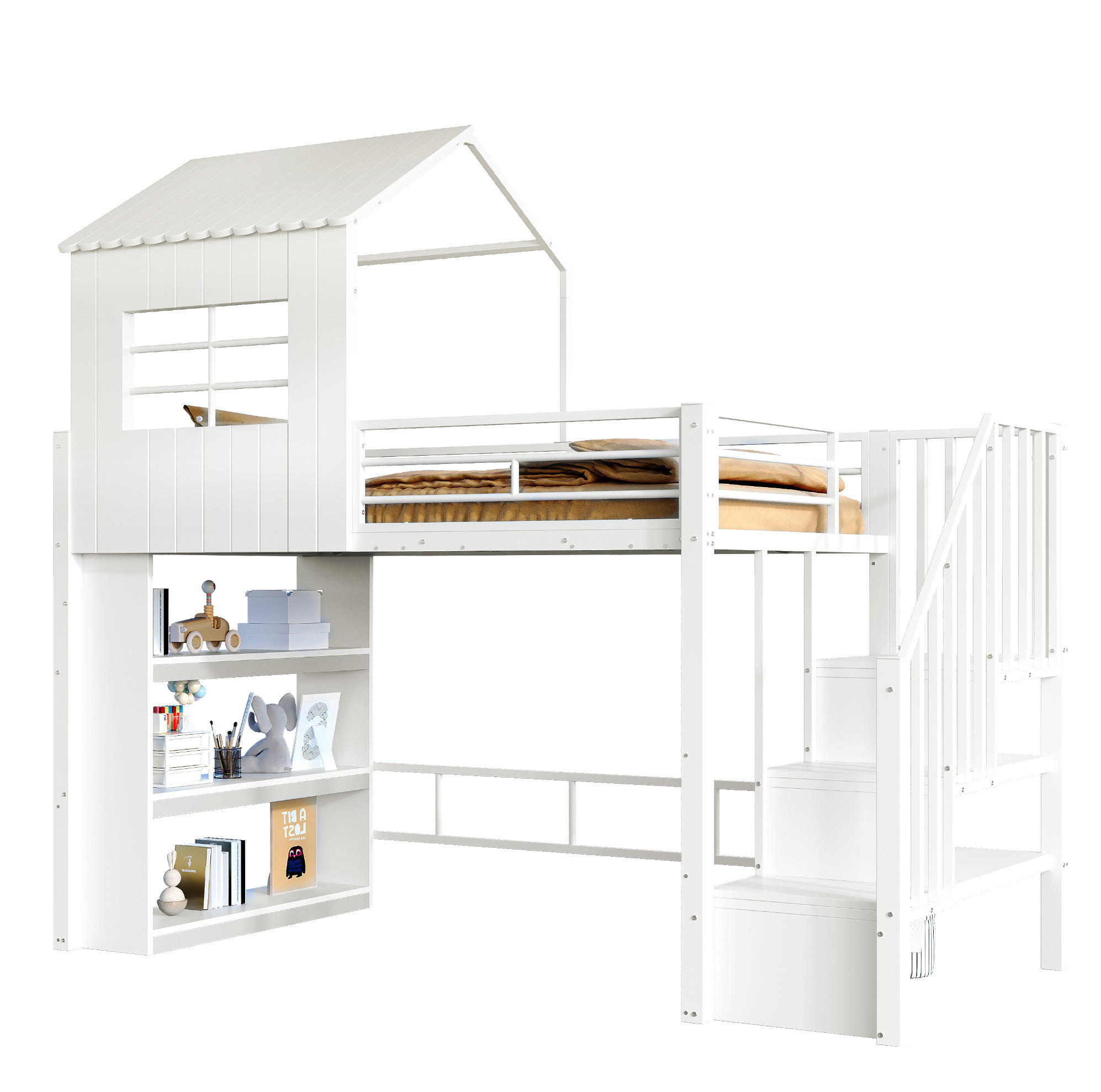 HOCHBETT aus MDF und Metall 90x200 cm Weiß mit Stauraumtreppe, Regal und großem Unterbettbereich - Weiß, Holzwerkstoff (90/200cm) - Modfu