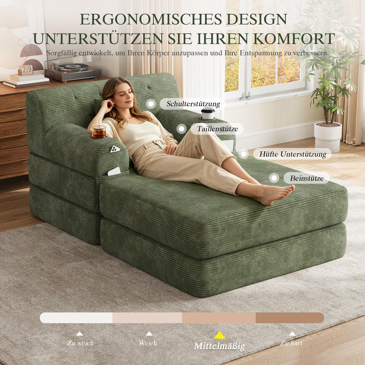 SCHLAFSOFA mit Hocker, Liegefunktion und Getränkehaltern aus Cord in Grün - Grün, Textil (191/60/162cm) - EVRYAE