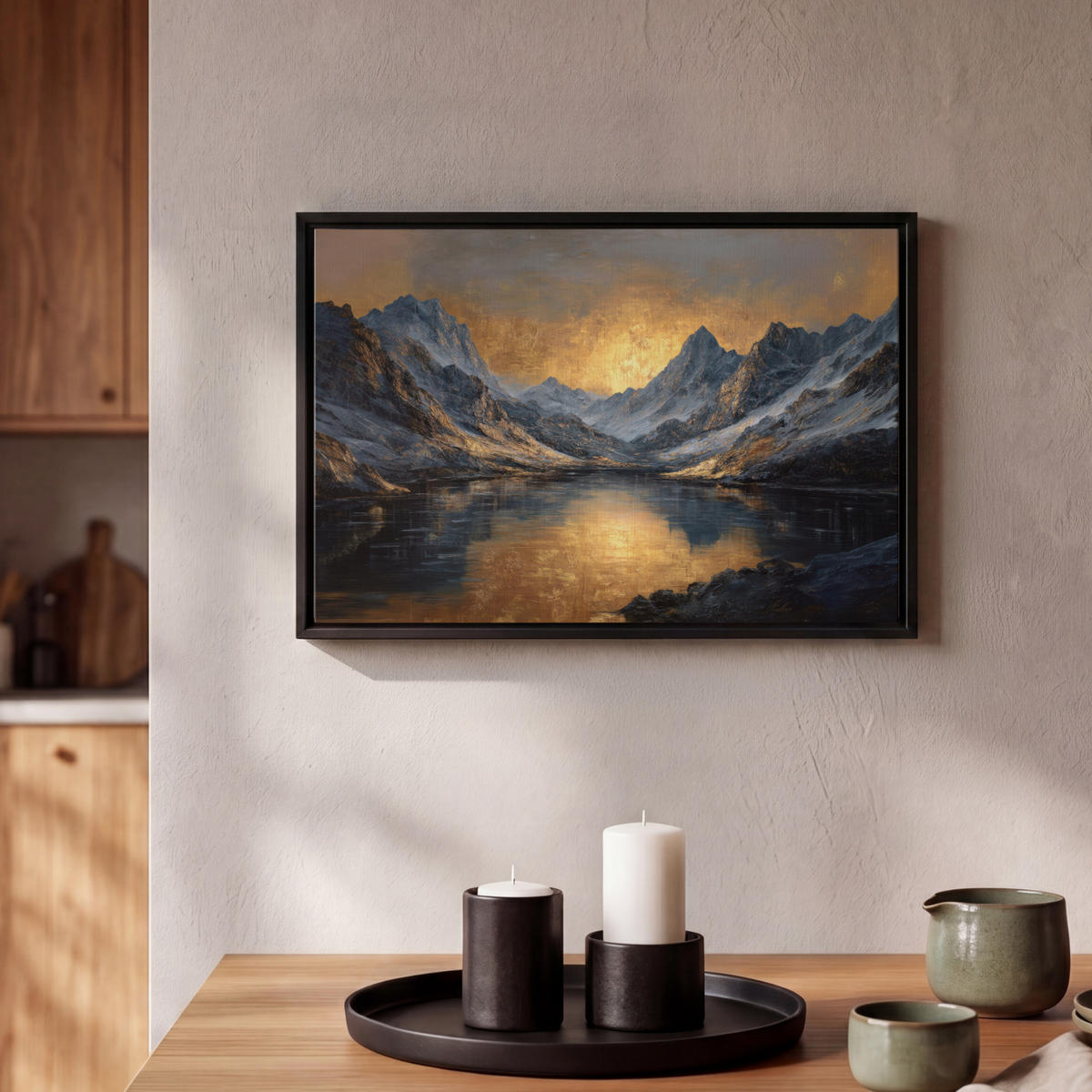 LEINWAND Bilder mit Rahmen - Bergkulisse mit goldenem Sonnenuntergang - 30x20 - Goldfarben, Textil (30/20cm) - MuchoWow