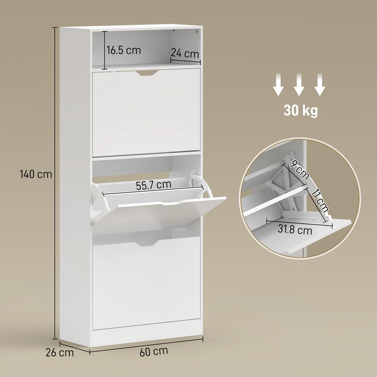 SCHUHREGAL,3 Klappschubladen verstellbare Regalböden - Weiß, Holzwerkstoff (60/140/26cm) - Vallsero