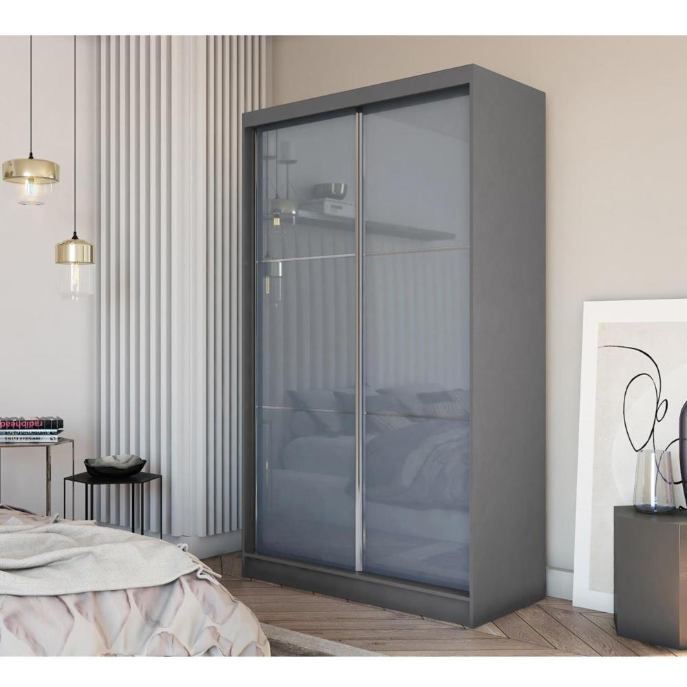 SCHWEBETÜRENSCHRANK Viva 120/216/61 graphit mit Lacobel-Glas - Graphitfarben, Holzwerkstoff (120/216/61cm) - Beautysofa