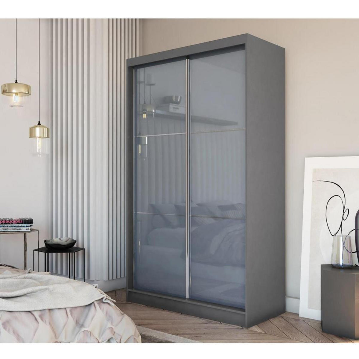 SCHWEBETÜRENSCHRANK Viva 120/216/61 graphit mit Lacobel-Glas - Graphitfarben, Holzwerkstoff (120/216/61cm) - Beautysofa