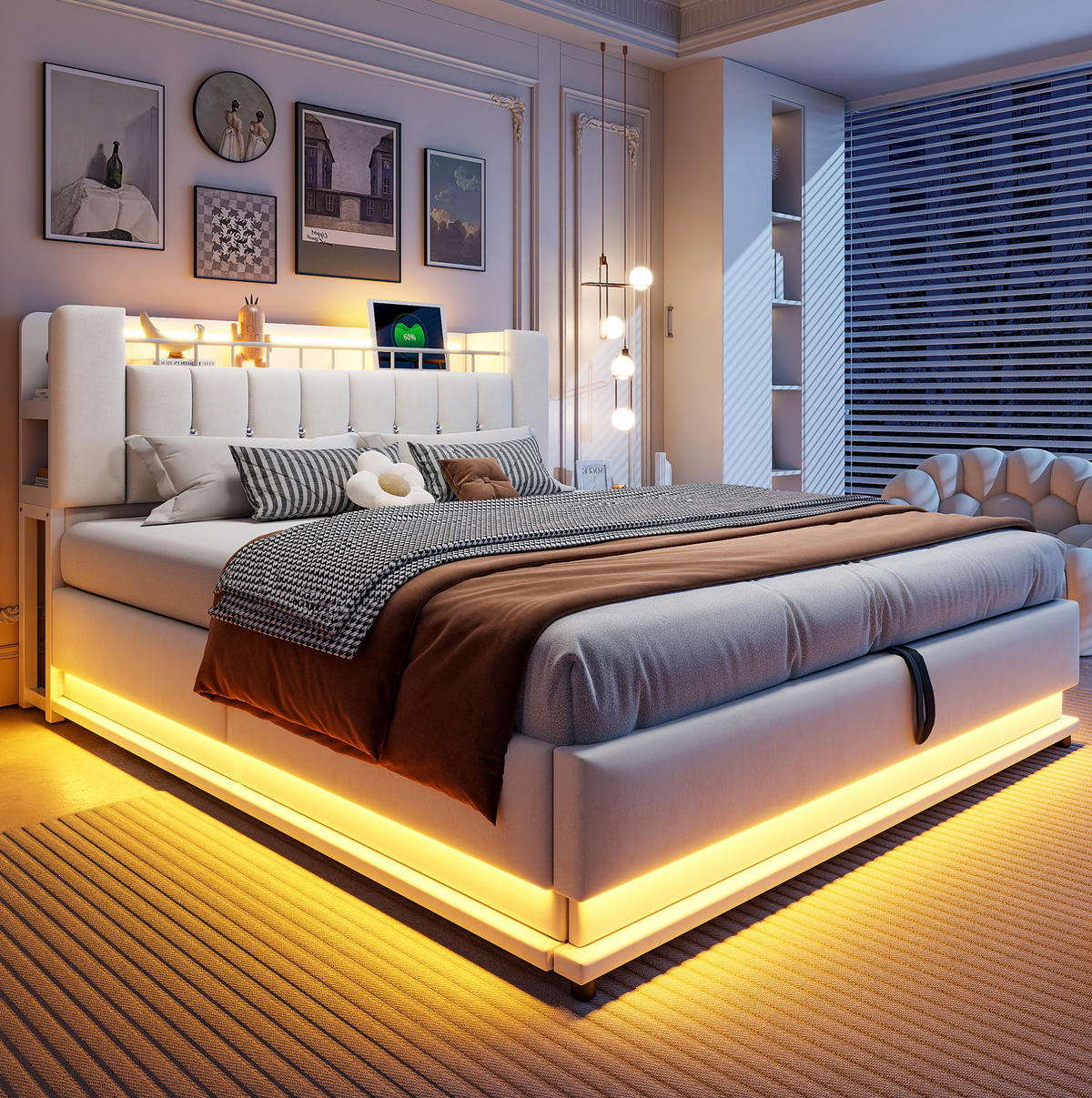 ČALÚNENÁ posteľ z MDF, kovu a látky 180x200 cm béžová s LED osvetlením, USB a hydraulickým úložným priestorom - béžová, textil (180/200cm) - Modfu