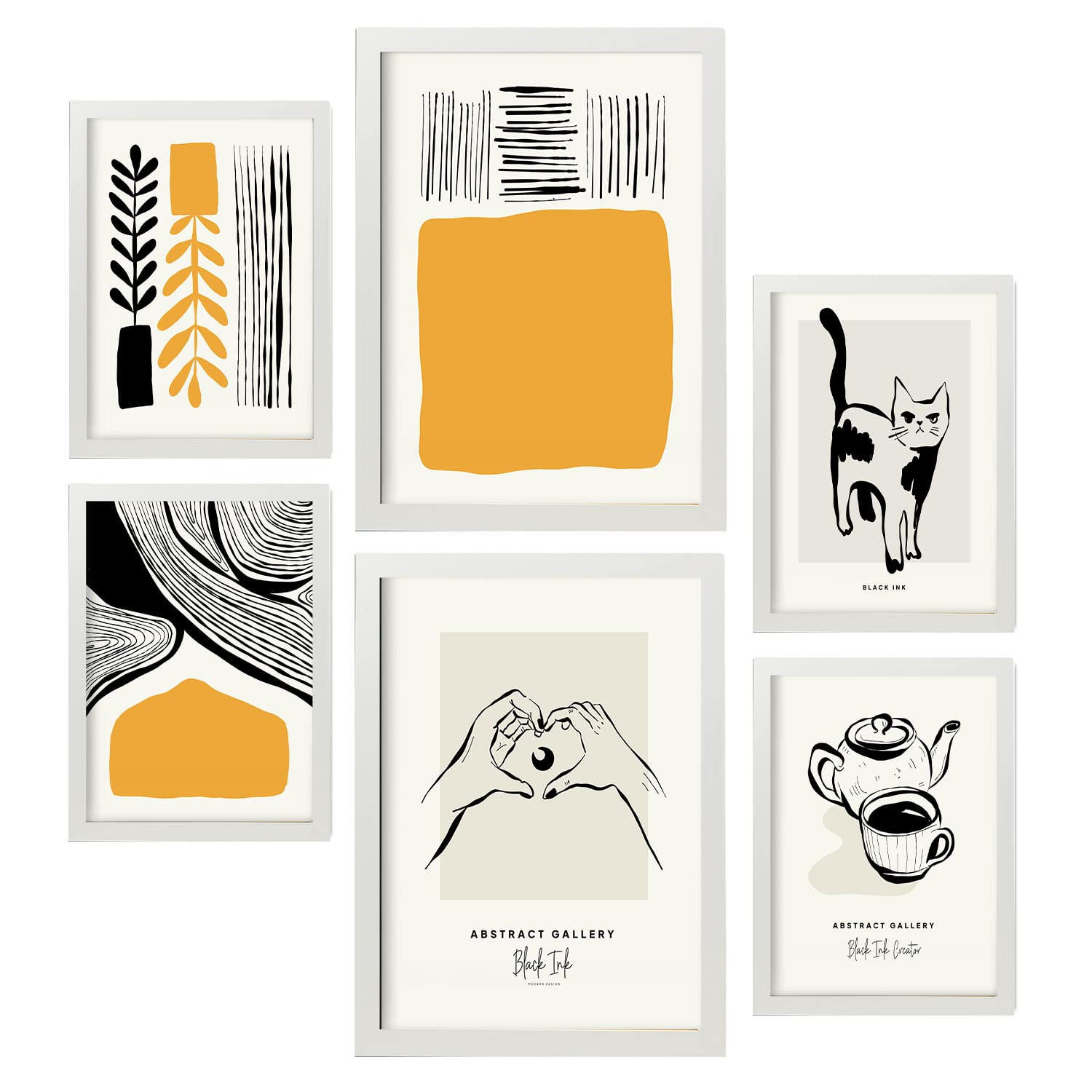 POSTER Set Mit 6 In Schwarzer Tinte Heim Künstlerische Und Abstrakte Drucke Für Innenarchitektur A3 & A4 Weißer Rahmen - Weiß, Papier (29/3cm) - Nacnic