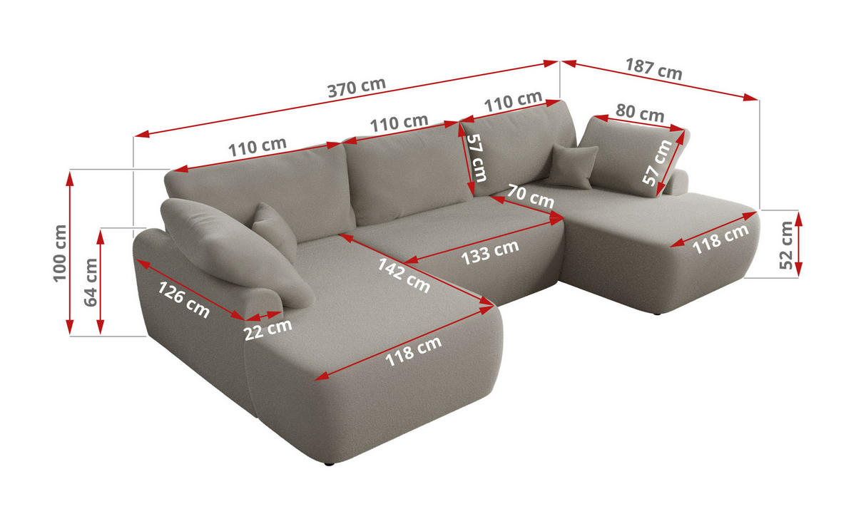 WOHNLANDSCHAFT CUBO U Hellgrau Boucle - Hellgrau/Schwarz, Kunststoff/Textil (370/100/187cm) - MKS