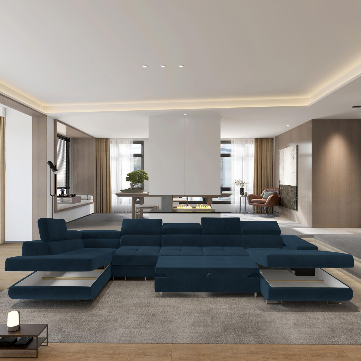 WOHNLANDSCHAFT VELORA L-S Blau Velours-Stoff mit Schlaffunktion - Blau, Holz (419/90/202cm) - MASSENO